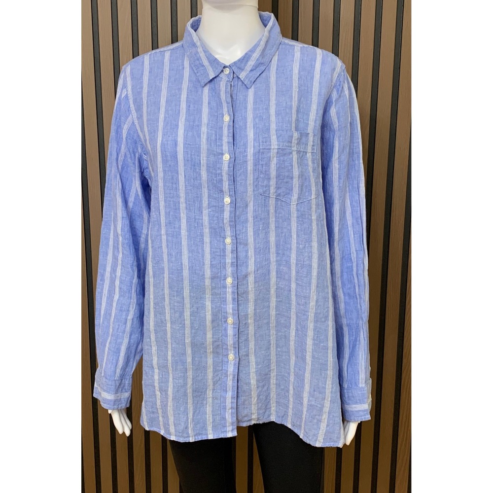 LL Bean Women's 1X 100% Linen Shirt Blue White Striped Button Down Long Sleeve